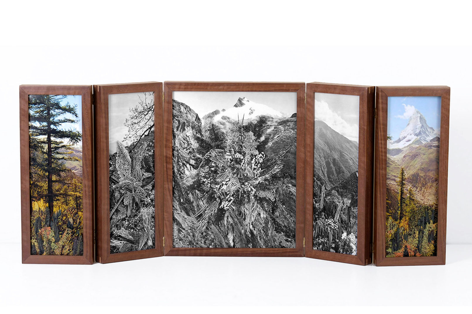 Rosana Schoijett C #109 (Los continentes, Six Barral, 1965) retable, polytique,papier,fil,bois de noyer 33 x 83 cm 2018