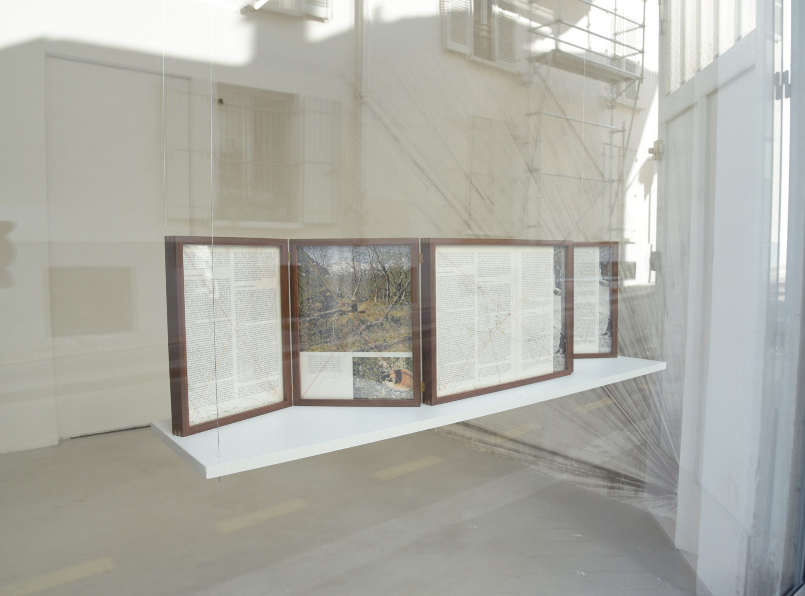 Rosana Schoijett C #110 (Los continentes, América del Norte, Seix Barral,1965) retable, polytique,papier,fil,bois de noyer 32.5 x 131.2 cm (ouvert) 2019